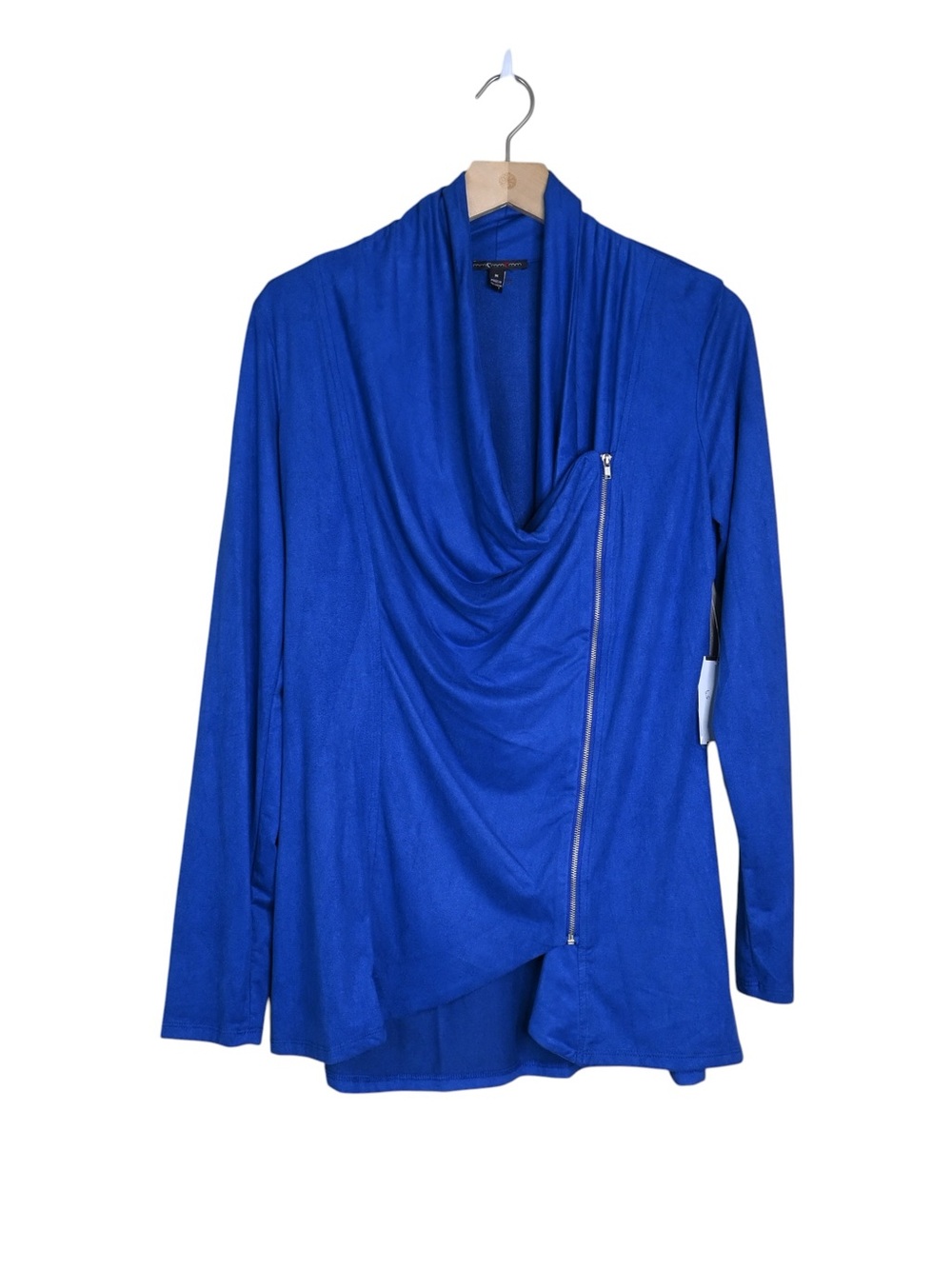 MM Couture Women's M Cobalt Blue Cowl Neck Size Zip Drapey Blouse NEW